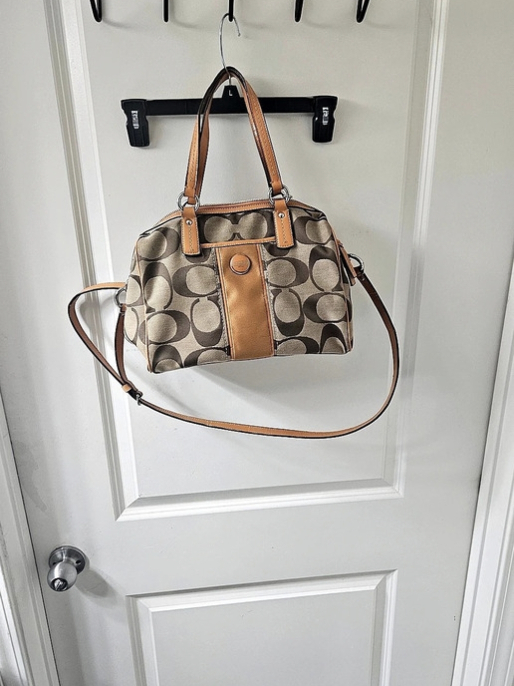 Coach Hamptons Signature Stripe Satchel Brown & Tan